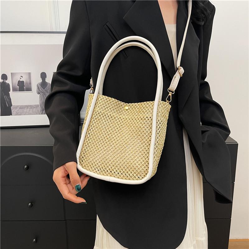 French Straw Woven Bag Summer New Style Literary and Fresh Handbag Casual One-shoulder Crossbody Bucket Bag