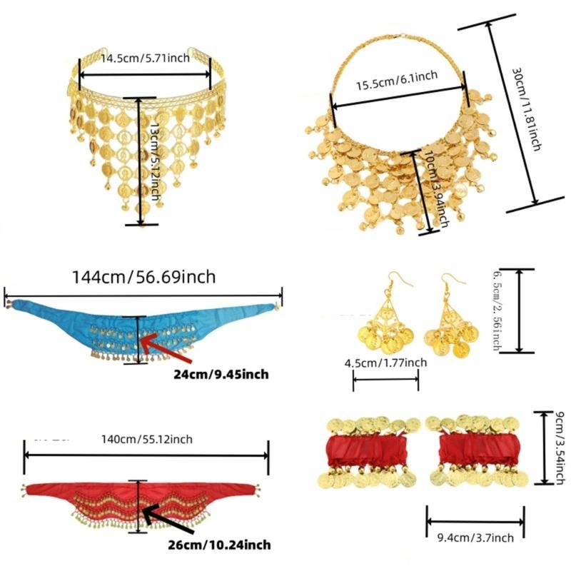 Belly Dance Costumes Bellydance Hip Scarf Wrist Bracelets Coin Head Scarf Earrings Belly Dancer Outfit Set for Womens