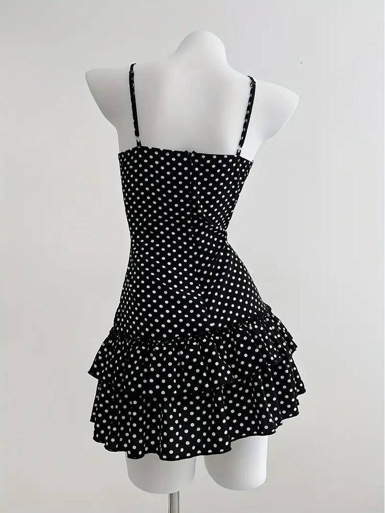 European-Inspired Sweet Polka Dot Bow Waist-Cinching Lace Slip Dress