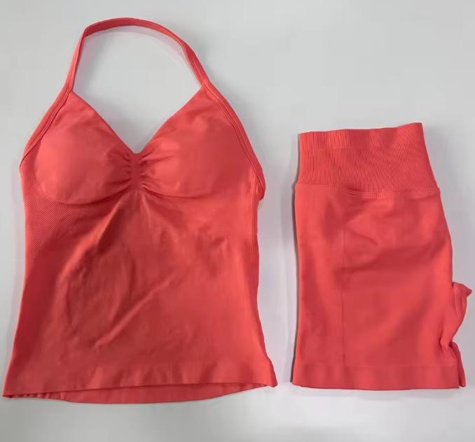 JYL Seamless Backless Two Piece Set Padded Halter Top Fitness Shorts