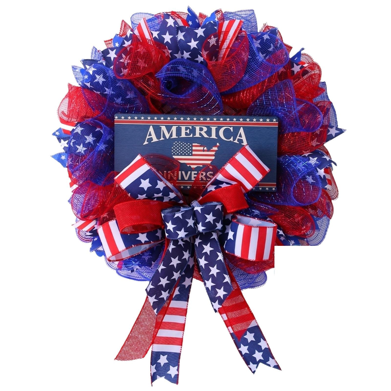 45CM Patriotic Wreath Decoration with Star Pattern Ribbon and Mesh Bow for Door Hanging Window Display Home and Holiday Celebration One Size