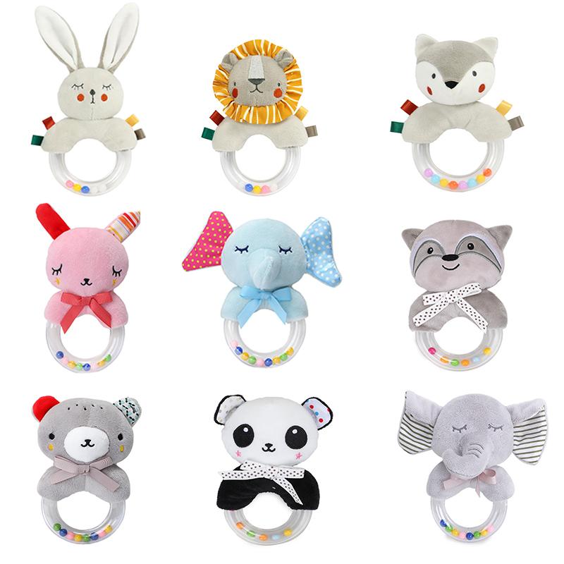 Baby Soothing Cartoon Animal Hand cranked Bell Plush Doll Color Bead Hand held Bell 0-1 Year Old Grip Handshake Ring Toy