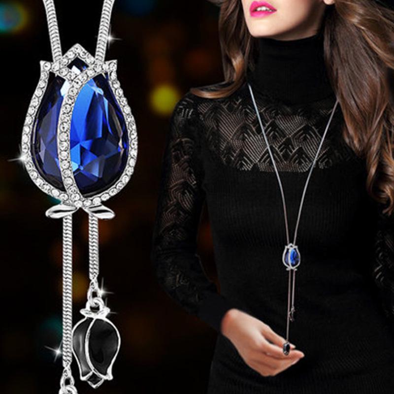 Tulip Crystal Tassel Pendant Long Necklace - Autumn/Winter Versatile Sweater Chain