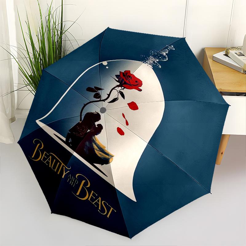 

Beauty, Beast Themed Automatic opening and closing folding umbrella, 8 rib windproof, compact travel design, suitable for all occasion | Fas