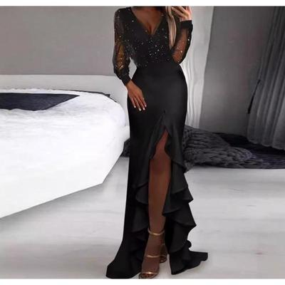 Women's Fashion Spring Fall Solid Color Print Long Sleeve V-Neck High Waist Casual Dresses