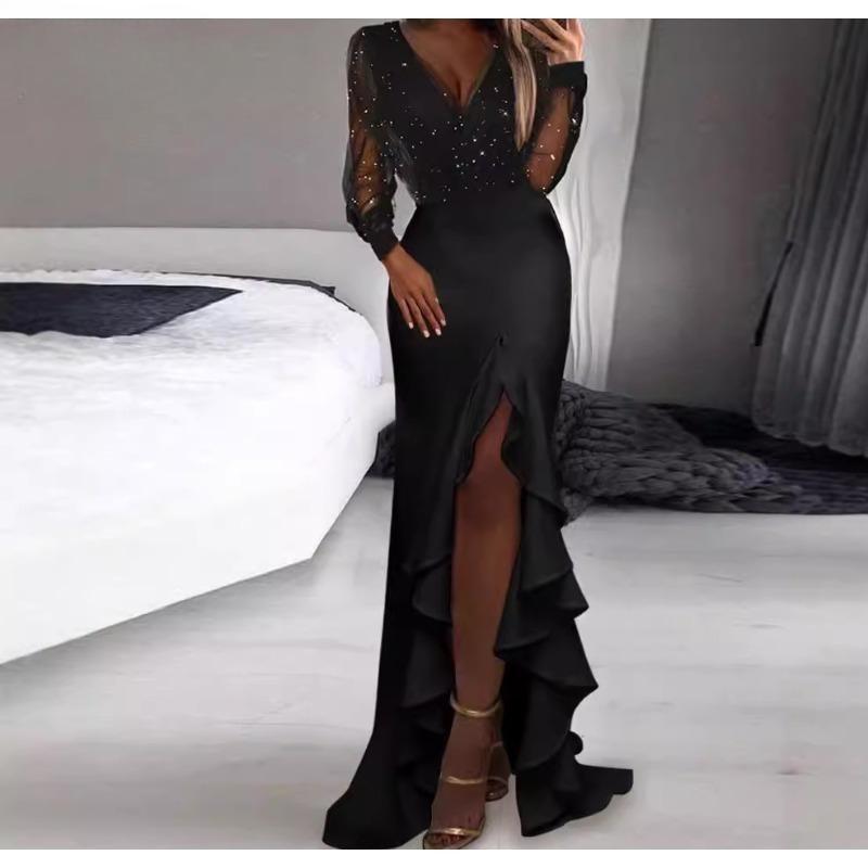 Damenmode Frühling Herbst Einfarbig Druck Langarm V-Ausschnitt Hohe Taille Freizeitkleider