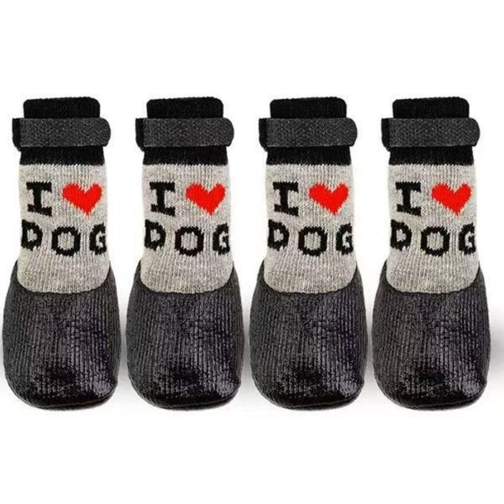 

4 pieces/set Waterproof Pet Socks Booties Warm Soft Sole Dog Foot Covers Anti-Slip Adjustable Dog Knit Socks Rain Protection L чорний