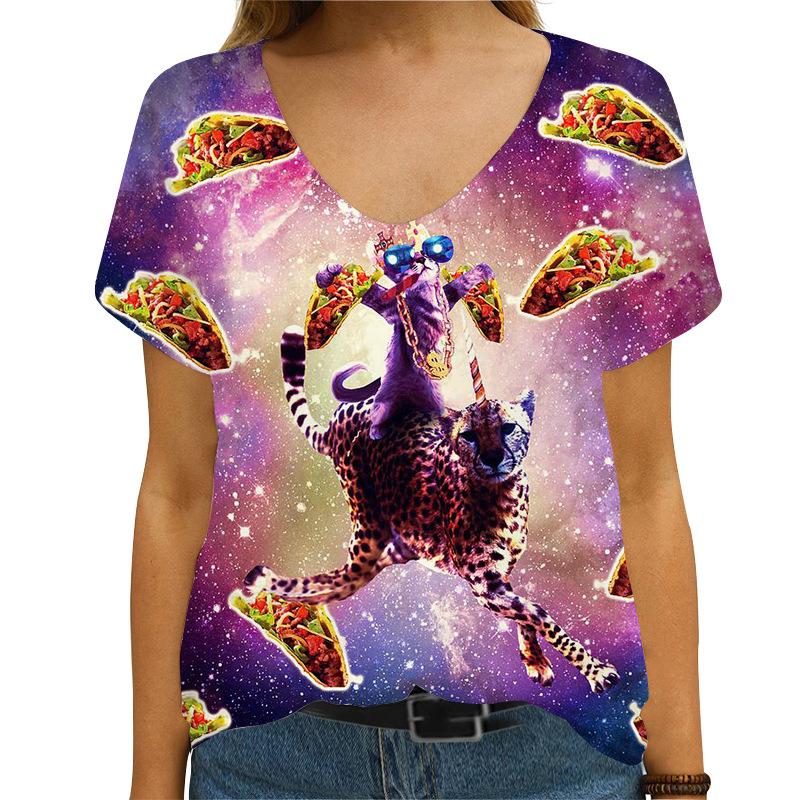 

Летняя женская футболка с короткими рукавами и V-образным вырезом, новая, с принтом 3D Starry Sky Cat XS