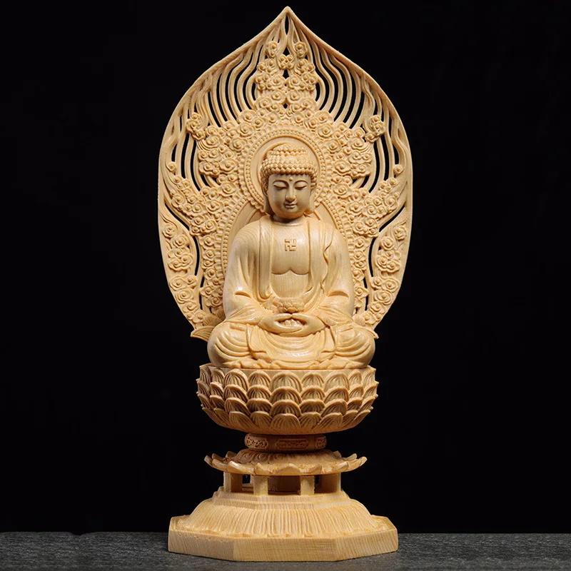 Solid wood carving Lotus Shakyamuni Buddha Statue Handmade- Chinese Buddha statue Suitable for home living room office ornaments