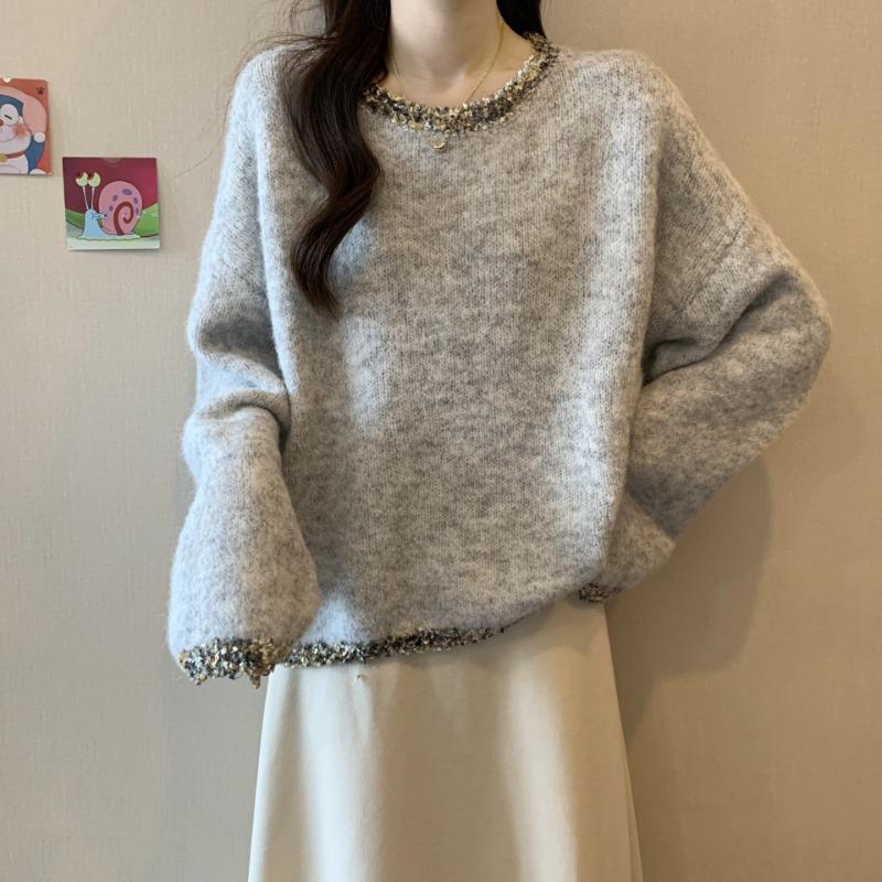 Lazy Wind Long-sleeved Loose and Thin Top Women's Diamond-encrusted Round Neck Pullover Solid Color Simple Knitted Sweater