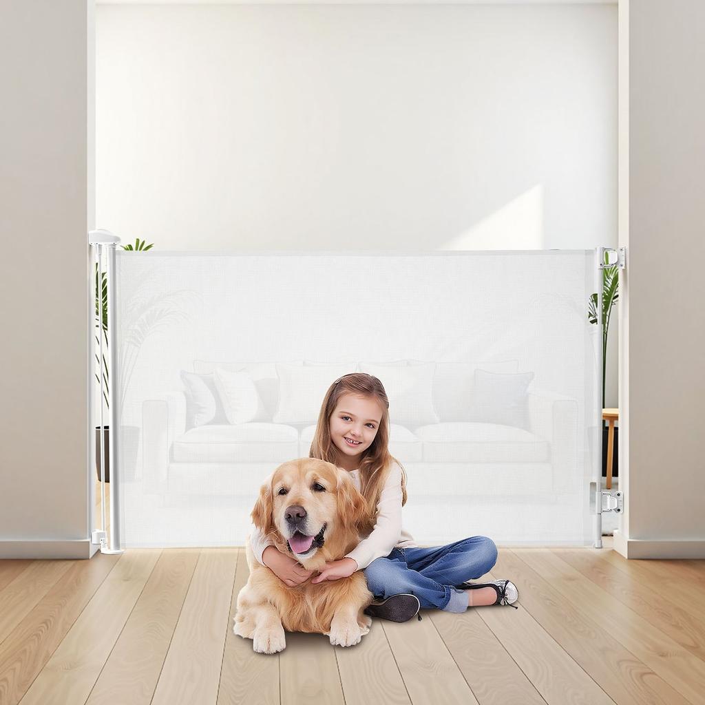 Retractable Baby Gate, Extends To 1450 Mm Wide, 980 Mm Tall, with Security Lock, Easy To Use, Walk Through Without Tripping, Mesh Dog Gate for Stairs,