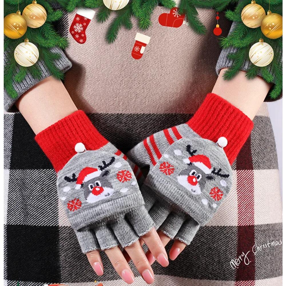 Winter Cute Girls Christmas Gloves Kids Warm Cartoon Gloves Students Fingerless Writing Gloves with Flip Cover 7-13Y