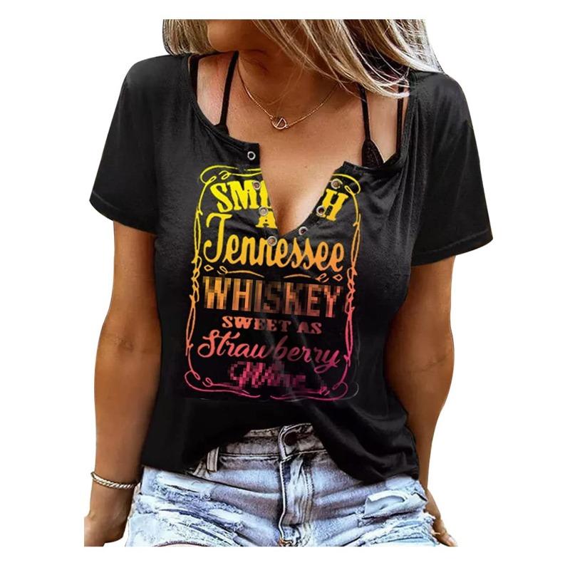 Zabawne T-shirty damskie bez rękawów z nadrukiem literowym i kolorowym dekoltem w serek