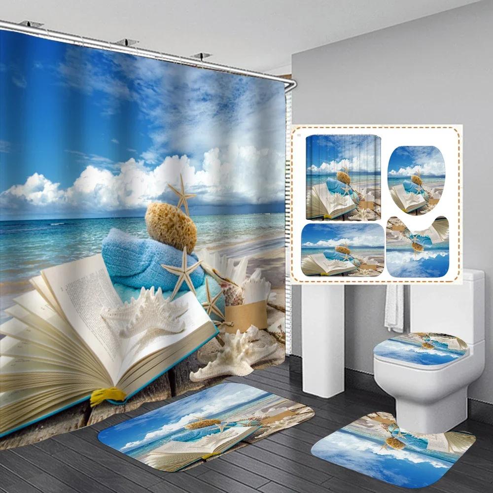 3D Dusk Beach Coconut Tree Waterproof Shower Curtains Purple Polyester Bathroom Sets Toliet Lid Cover Non-Slip Bath Mat Carpet