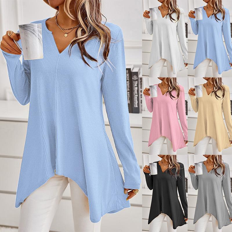 

Women s Autumn Winter V-neck Long Sleeve Hem Tops Fashion Casual Soft Solid Knitted Tops Sweater S хаки