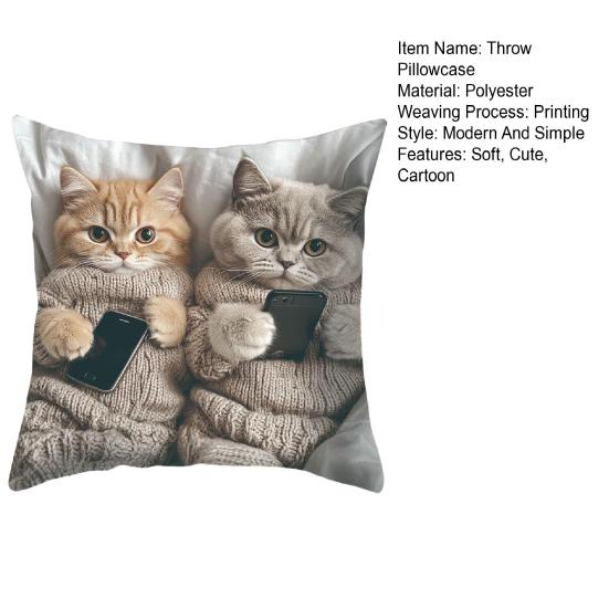 Cute Cat Throw Cartoon Animal Pattern Throw Pillow Cover Printed Cushion Pillowcase for Couch Sofa