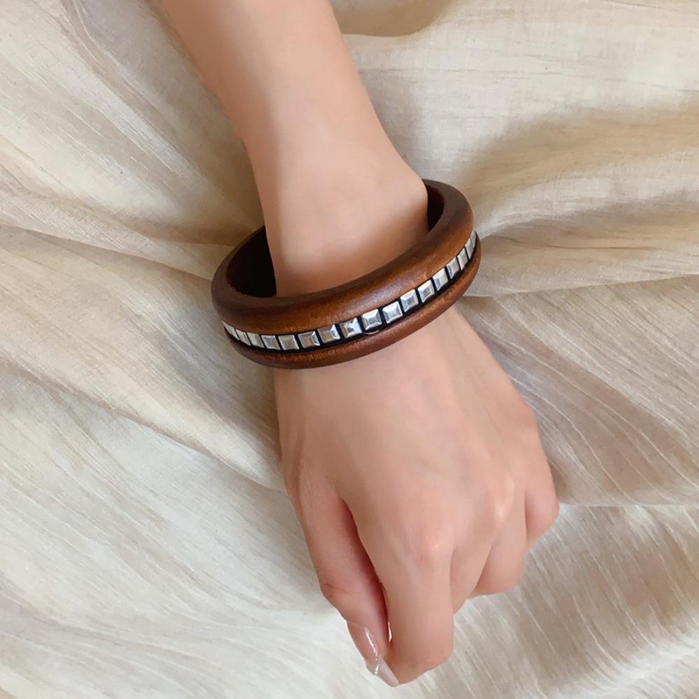 Punk Wooden Bracelet Wide Rivets Bangle Vintage Round Bracelet  Women