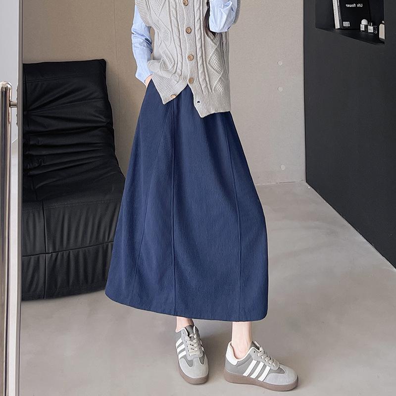 Women's High-Waisted Knit A-Line Midi Skirt, Spring/Autumn, Petite Pumpkin Umbrella Style