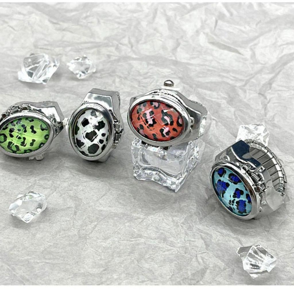 Finger Ring Quartz Watch Charm Opal Inlay Stainless Steel Elastic Band