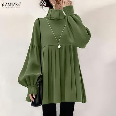 Blusa Casual da Donna a Collo Alto Ampia a Maniche Lunghe Tinta Unita