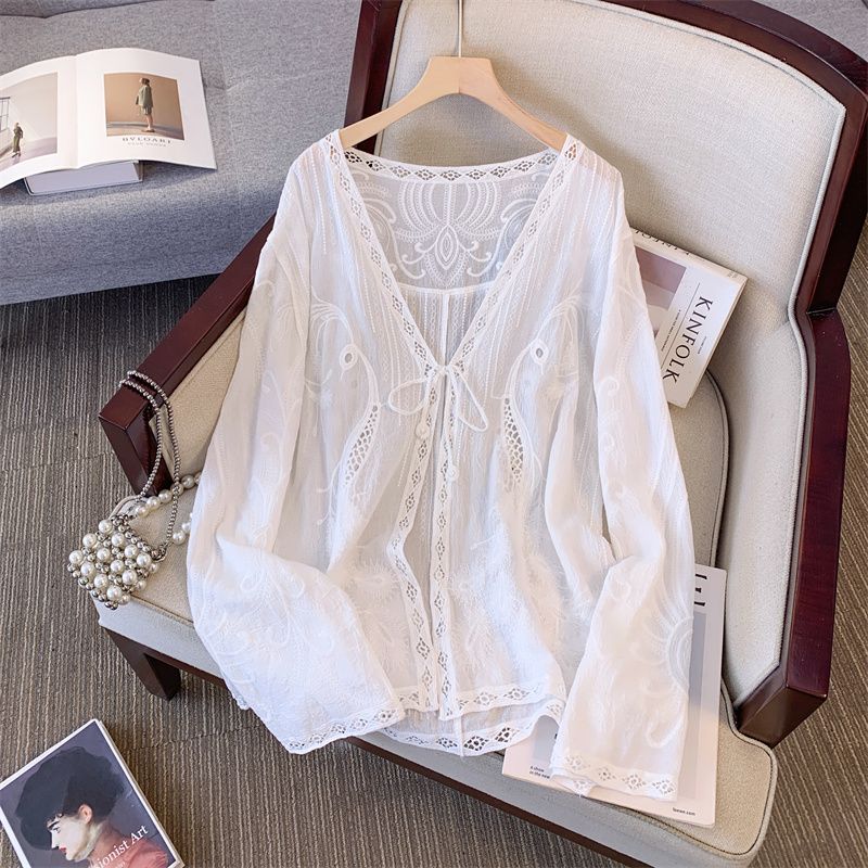 Plus Size New Chinese Style Embroider Lace Lace Sweet Long Sleeve Shirt Women's Spring & Fall Loose Thin V-neck Outer Tops