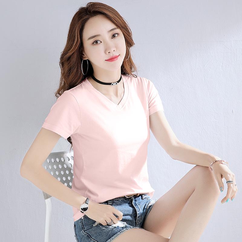 Women's Summer Pink V-Neck Pure Cotton Short Sleeve T-Shirt, Customizable with Logo.
