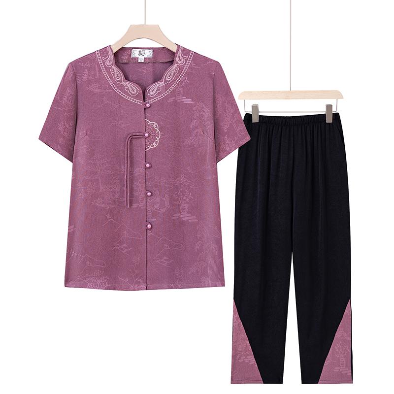 

Vintage-Inspired Summer Set: Short Sleeve Ice Silk T-Shirt for Middle-Aged and Elderly Women 3XL (Approx. 120-135 lbs)