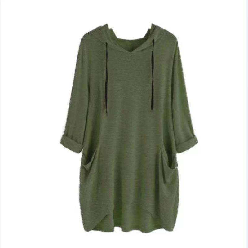 Spring Autumn Women's Hooded Solid Color Loose Long T-shirt Irregular Long Sleeve Pocket Pullover Top
