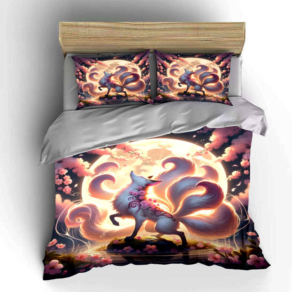 Elegant Fox Under Moonlight Scene  Kid'S And Adults' Bedroom Decor, Exquisite Three-Piece Bedding Set Gift