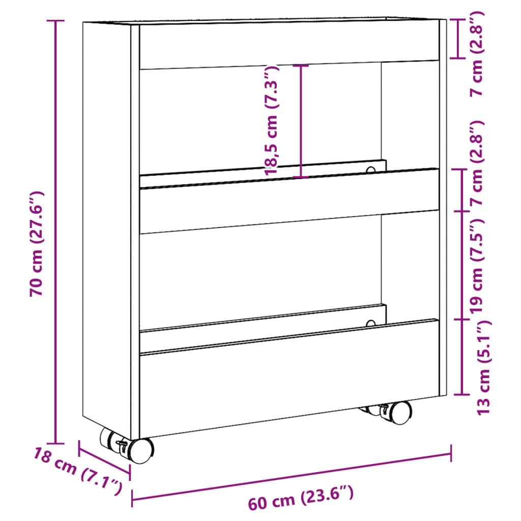 Narrow 3-storey Bathroom Storage Cart, Sofa Side Storage Shelf, Hallway Shelf, 60x18x70cm