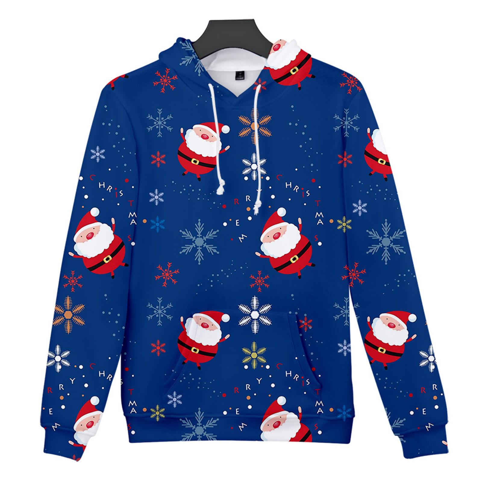 Christmas Fashion Print Loose Men S And Women S Thin Hooded Sweater XXL синий
