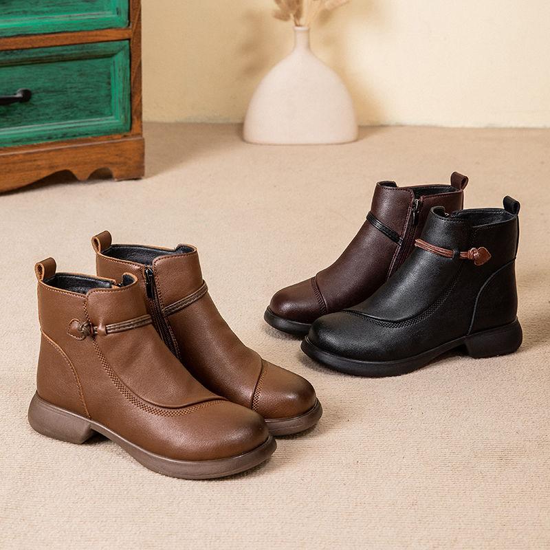 Mom shoes cotton shoes women's soft soles autumn and winter middle-aged short boots flat leather shoes velvet warm non-slip middle-aged and elderly w