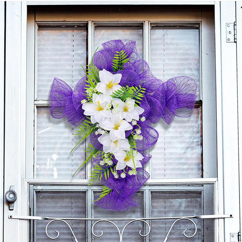 Home Decor Purple Door Easter Wreaths Hanging Festival Courtyard Front Door Fake Cross Wreath for Indoor Outdoor Wall Decoration