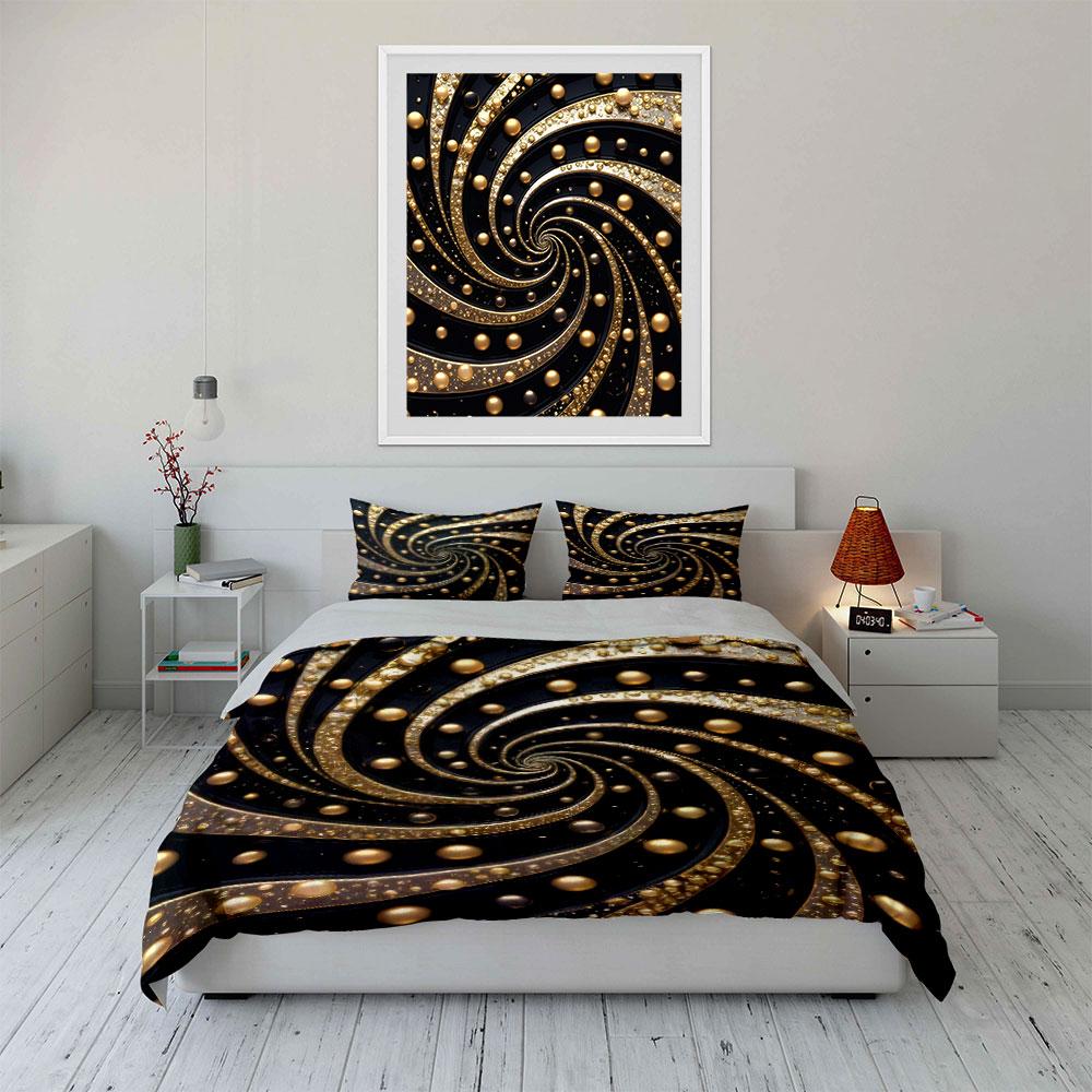 Golden Swirl Decorative Art Set Bedding Set With 1 Duvet Cover 2 Pillowcases Single Double King Queen, Gift
