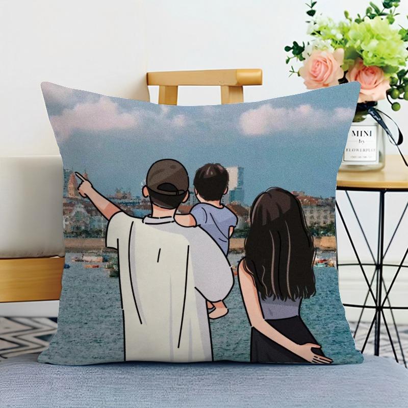 Happy Family Print Decorative Pillowcase Bedroom Living Room Square Cushion Pillowcase