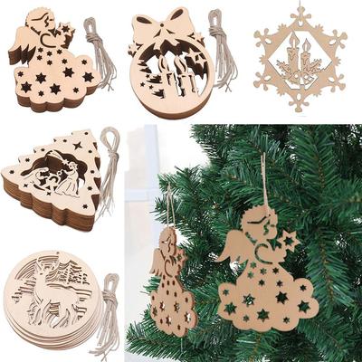 10pcs Navidad Xmas Ornaments Hollow Carving Wooden Pendants Christmas Tree Decorations Home Decor