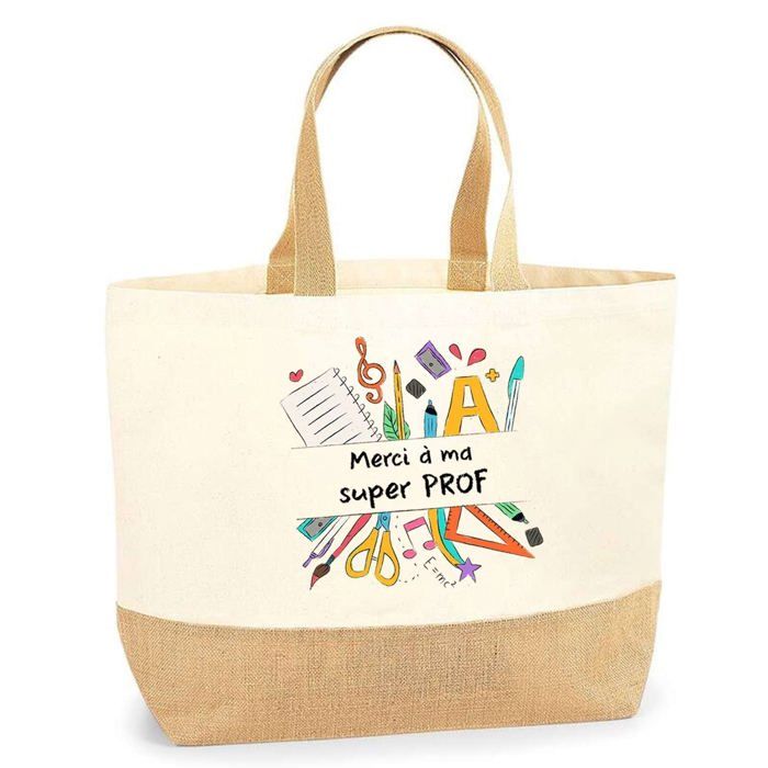 Tote bag / sac cabas en jute - PLANETEE - Merci Super Prof - jute naturel - imprimé France - grand format