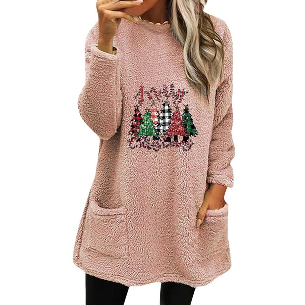 Women's Christmas Print Round Neck Long Sleeve Plush Hoodie with Pockets