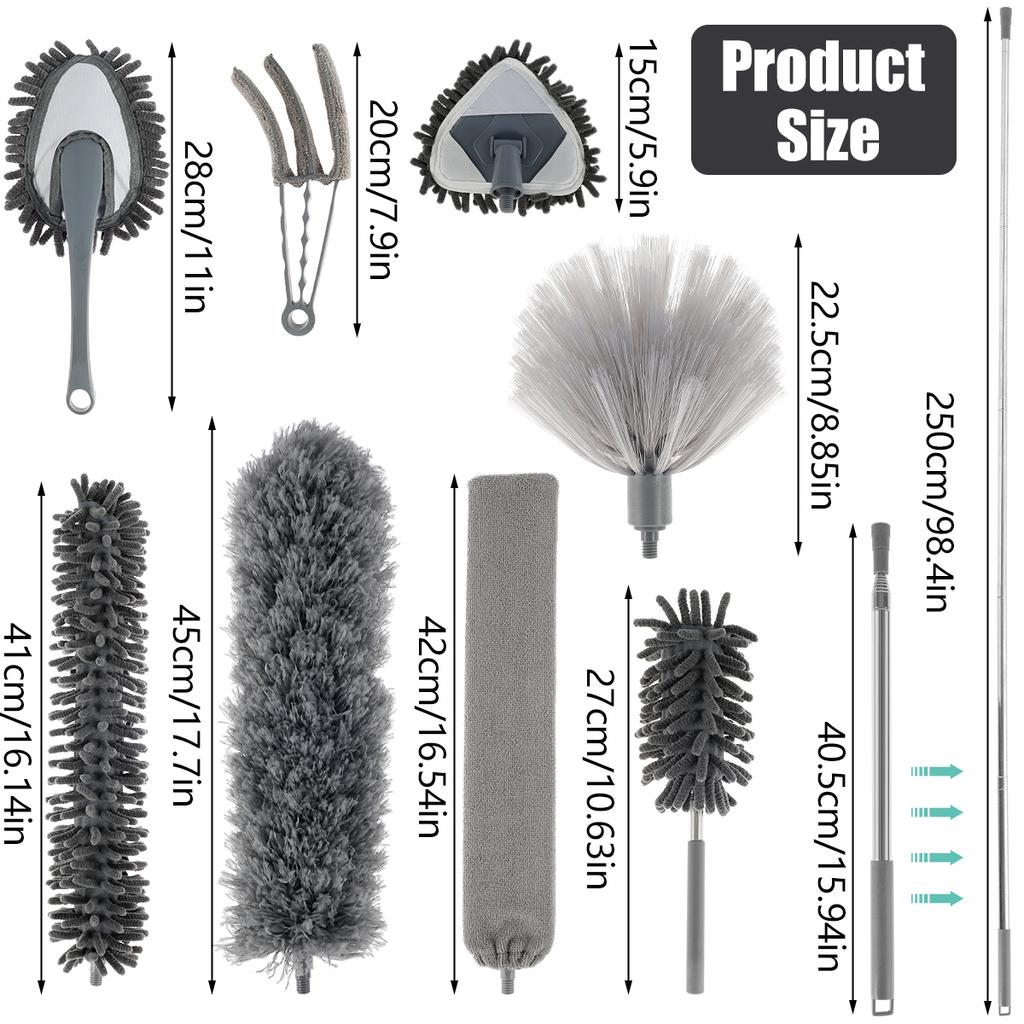 9Pcs Microfiber Feather Duster Brush Set Extendable Telescoping Pole Bendable Chenille Dusters Washable Household Cleaning Tools