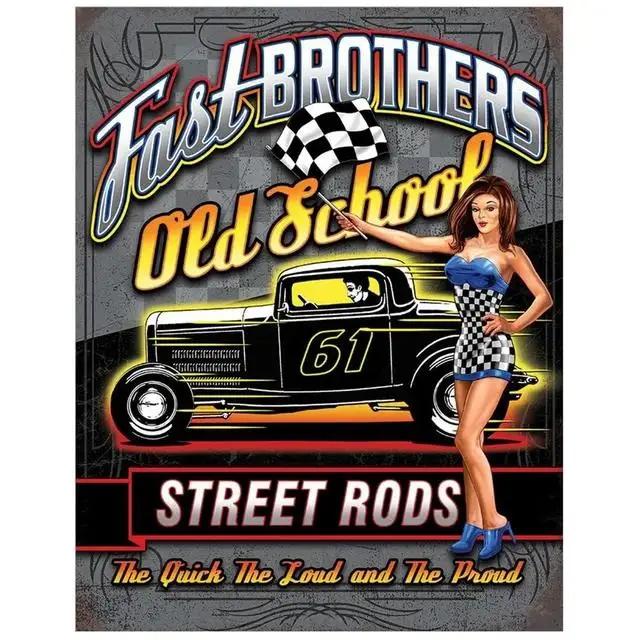 Vintage Pinup Girl Hot Street Rods Garage Full Service Route Auto Mechanics Metal Tin Sign for Rural Wall Decor Retro Poste