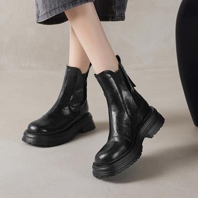 Mode NEU Herbst Damen Stiefel Runde Zehenpartie Klobiger Absatz Schuhe Spaltleder Schuhe Damen Lässige Plateau Chelsea Boots Alltagsschuhe Reißverschlussstiefel