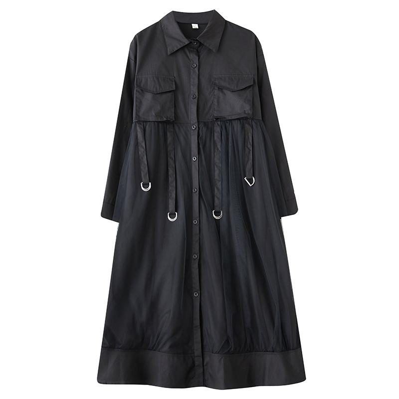 DIMANAF 2025 Nové Dámské Jarní Šaty Plus Size Dlouhé Šaty Dlouhý Rukáv Jednobarevné Vintage Oblečení Síťované Košilové Šaty