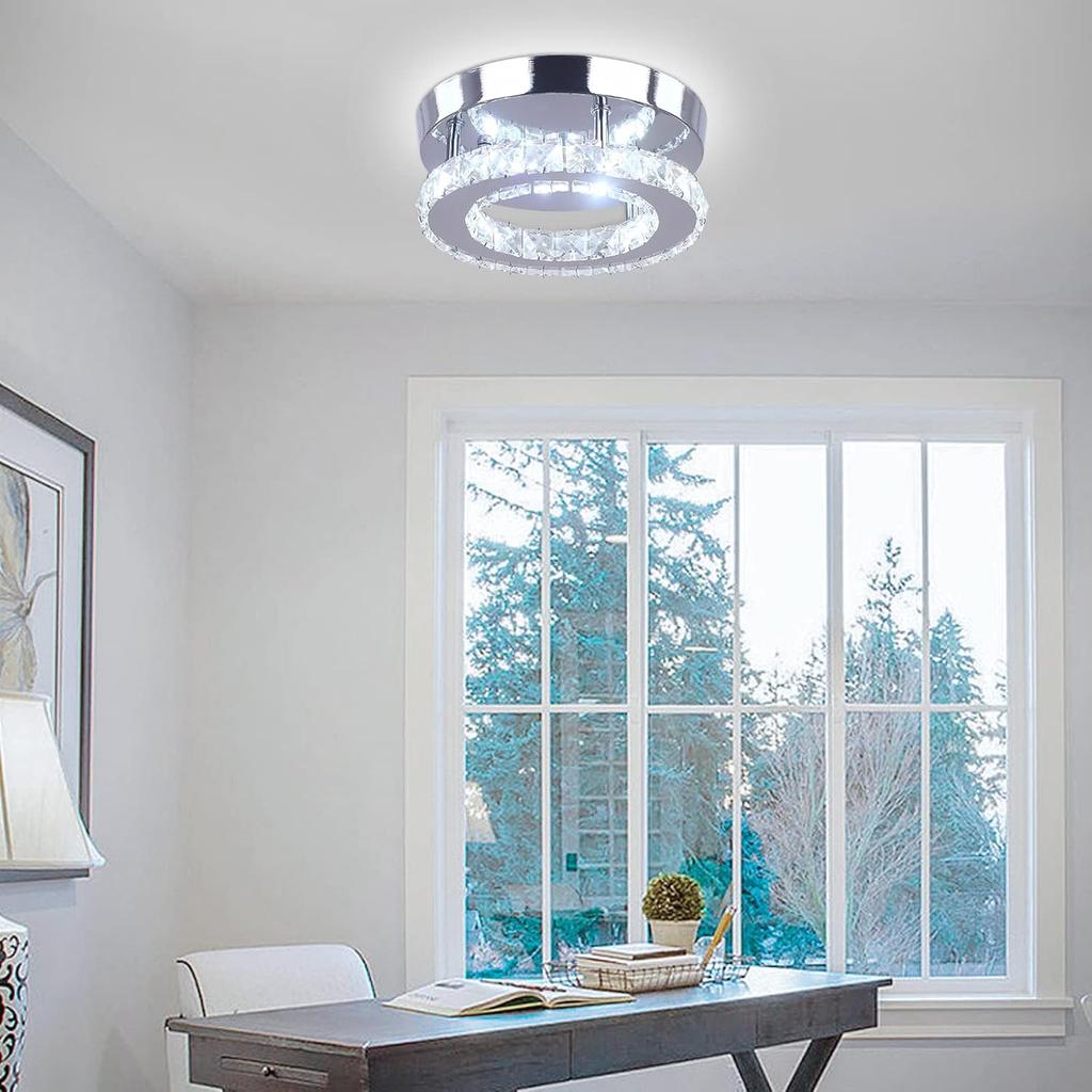 Modern Mini Led Chandelier Semi Flush Mount Crystal Lighting Ceiling Crystal Lamp for Bedrooms Dinning Rooms Hallway Round White