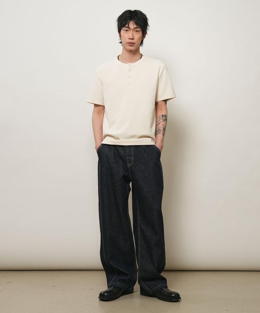 GENERALIDEA Man Waffle Henley Neck Short Sleeve T-Shirt [Ivory] / Gf2Mts012