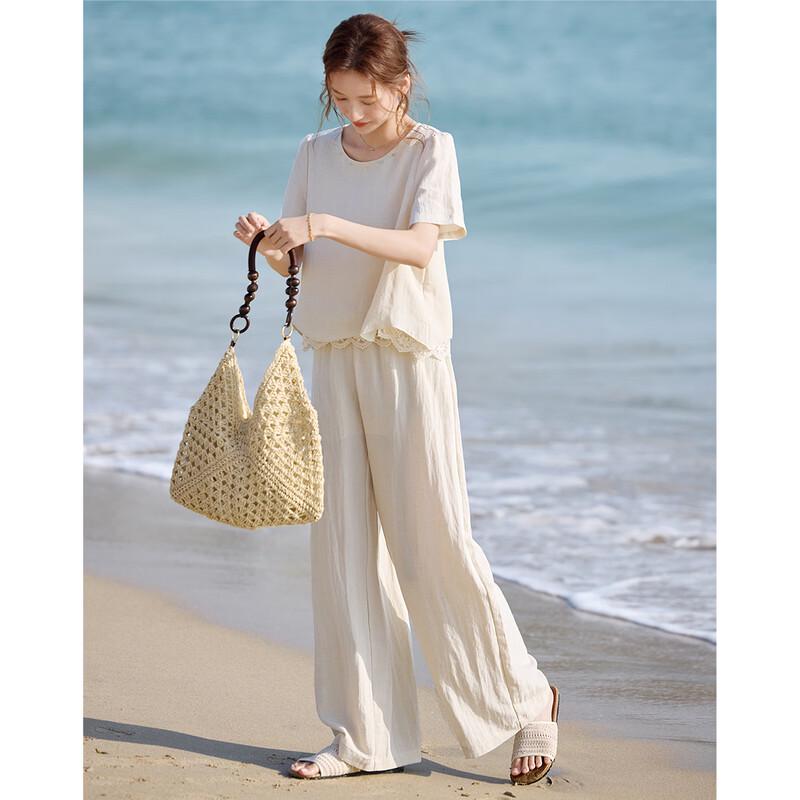 Women's Lyocell Blend Lace Spliced Top & Wide-Leg Pants Set