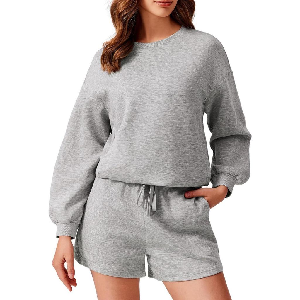 Women's Loose Tracksuit Long Sleeve Sweatshirt Elastic Waist Shorts Casual Loungewear Set