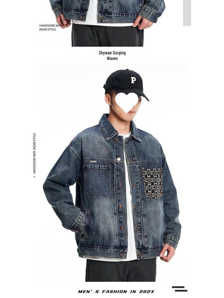 Men's Autumn Patchwork Denim Jacket: Precision Embroidery, Loose Fit, Plus Size Workwear Design.