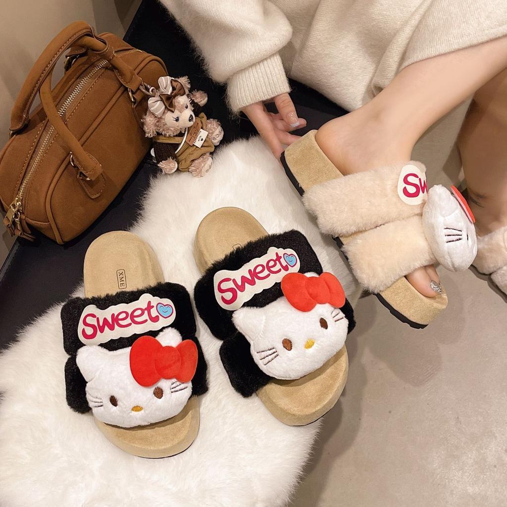 Cute kitten open-toed fluffy slippers women wear Internet celebrities super fire thick bottom cotton mop 2025 autumn and winter new