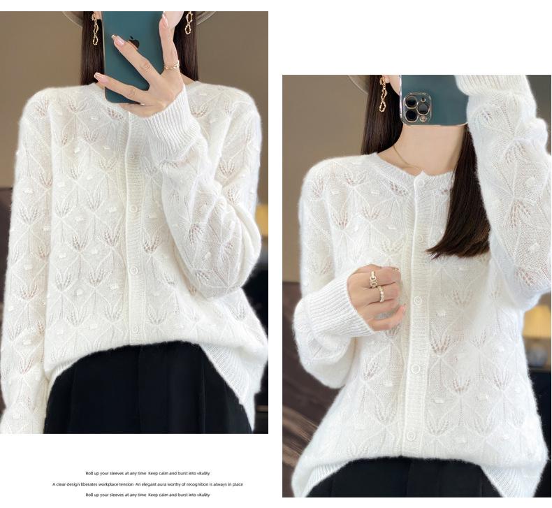 Women's Round Neck Long Sleeve Wool Cardigan - Hollow Jacquard Knit Sweater Jacket