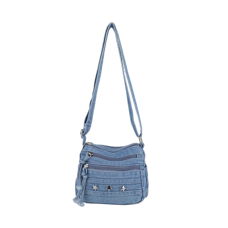 Womens Denim Crossbody Bag Casual Small Shoulder Purse Multi Zipper Handbag for Daily Use
